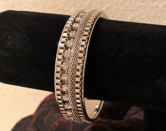 Chico's Sterling Silver Rhinestone Bangle: Art Deco Filigree; Width 3/4" Band; 2 1/2" opening