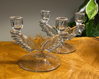 TWO Pressed-Glass Double Candlestick Holders; Vintage 1960s; Art Deco Wings; Flawless, No Chips, Cracks; Free Domestic Shipping