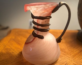 Vintage Egyptian Blown Glass Pitcher with Brass Snake Handle