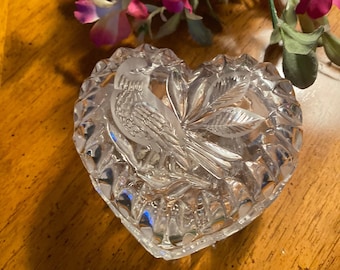 Vintage Hofbauer Crystal Heart Dish: Etched Dove, Frosted Hearts, 1970s