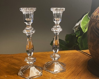 VGT Pair (2) Heavy Clear Glass Candlesticks; Hexagon Base 9-1/4" tall; Circa 1960s; Mint Condition, No Chips, Cracks; Free Domestic Shipping