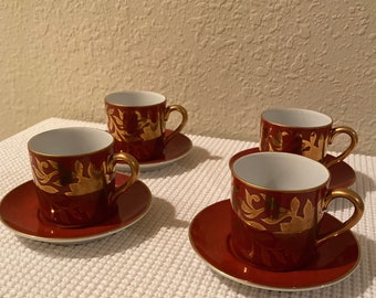 Fritz & Floyd Red Demitasse Cups and Saucers: Gold Leaf Porcelain, Set of 4