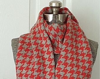 Almaguin Scarf: Handmade Bold Red / Grey Houndstooth Check Knitted Scarf - 100% Merino Wool