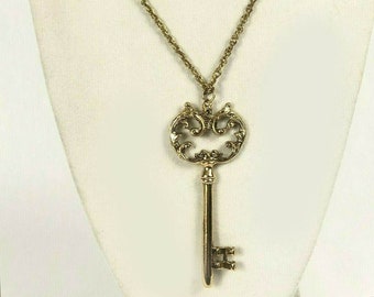 Vintage Gold Tone Fancy Skeleton Key Long Necklace EXC Costume Jewelry