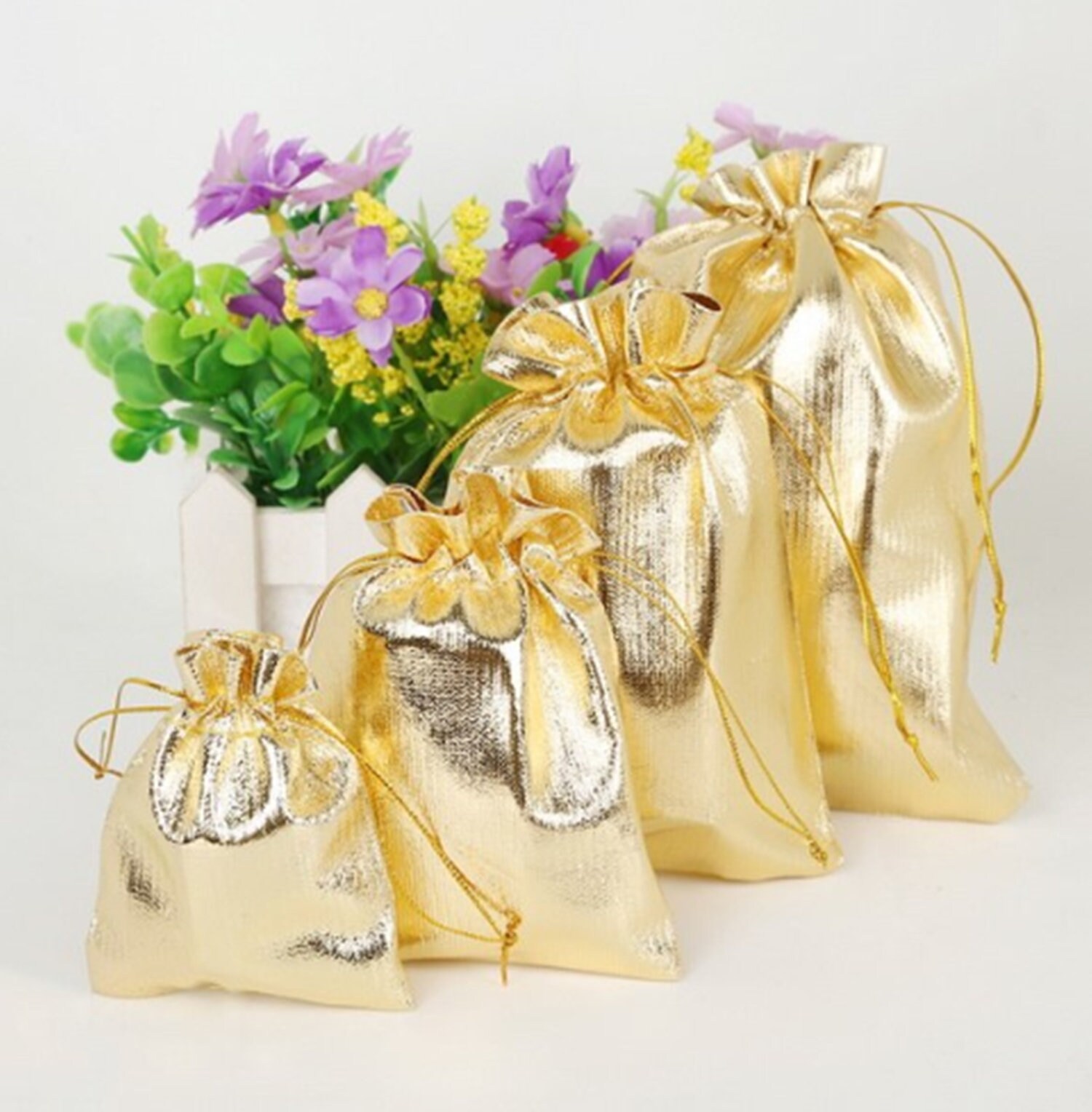 Drawstring Packaging Pouches Jewelry Gift Bags Metallic Foil Cloth Organza Bag 