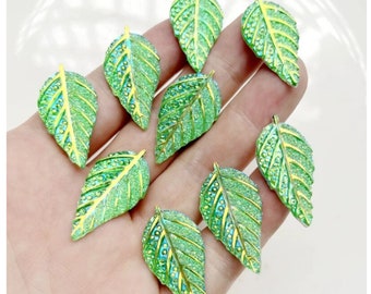 10pcs AB Green Color Leaf Resin Flatback For Craft Decoration