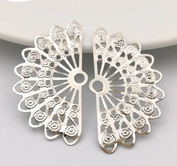 4pcs-silver filigree Fan charm silver tone fan charm