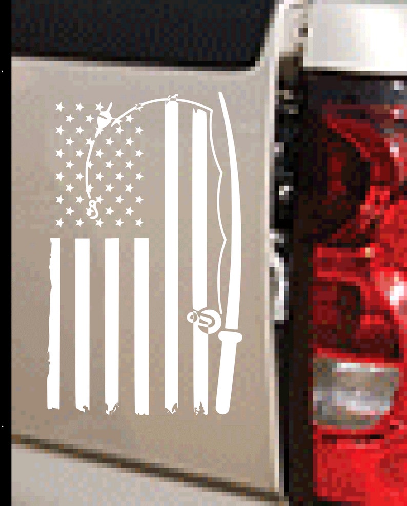 Fishing american usa army american tattered flag vinyl decal sticker for cars trucks windows laptops campers and much more
