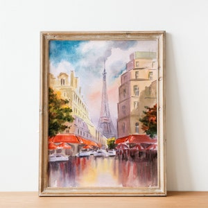 Paris Cafe Art Street Scene Art Original Watercolor Painting Cityscape Eiffel Tower Wall Art Modern Home Decor Fall Wall Art