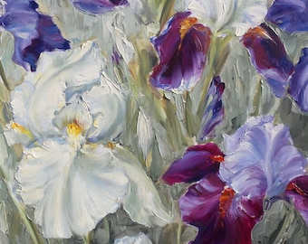 Fleurs, peinture, huile, toile, Iris fleurs,