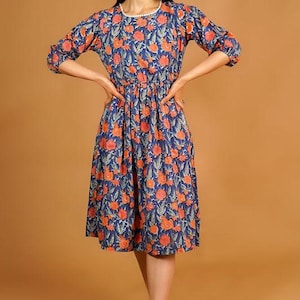 Hand Block Printed Cotton Dress: Indian Floral Summer Long Dress