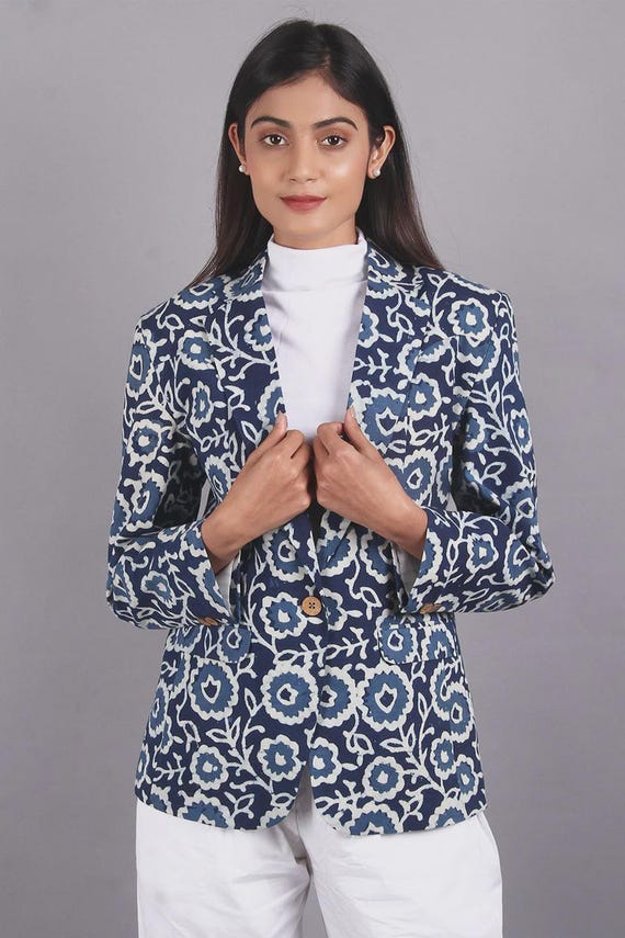 Hand Block Printed Indigo Cotton Blazer: Indian Spring Jacket - Main Image