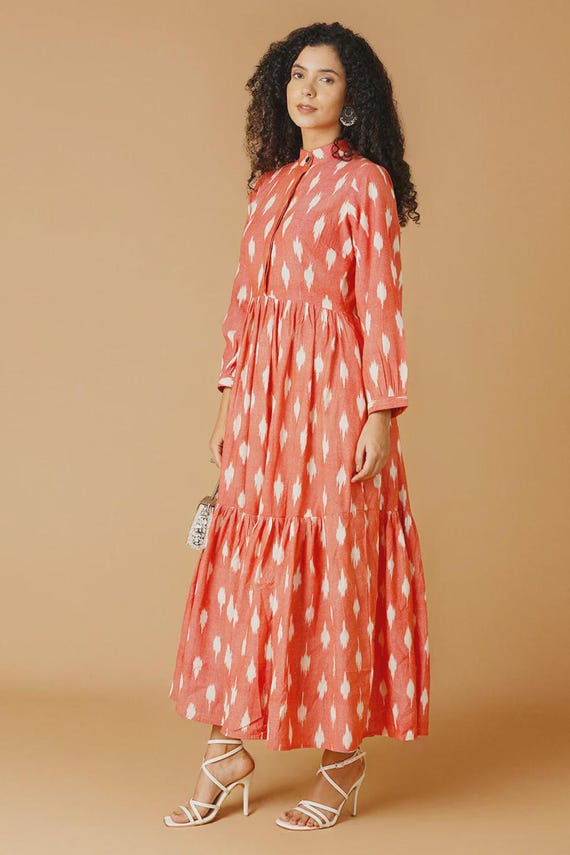white christmas dresses Women's Pure Cotton Ikkat Shirt-Dress, Button Front Knee Length