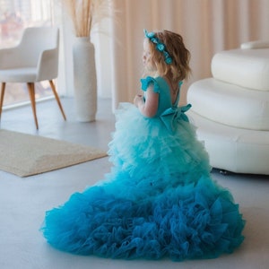 Turquoise First Birthday Dress, Flower Girl Dress With Sweep Train, Puffy Prom Ball Gown, Ombre Pageant Dress, Special Occasion Girl Dress