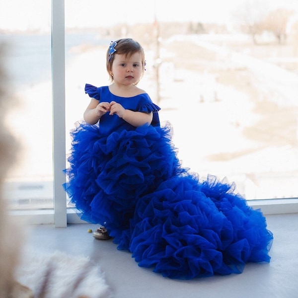 Royal Blue First Birthday Dress, Prom Ball Gown, Flower Girl Dress With Train, Multilayered Toddler Dress, Special Occasion Princess Outfit