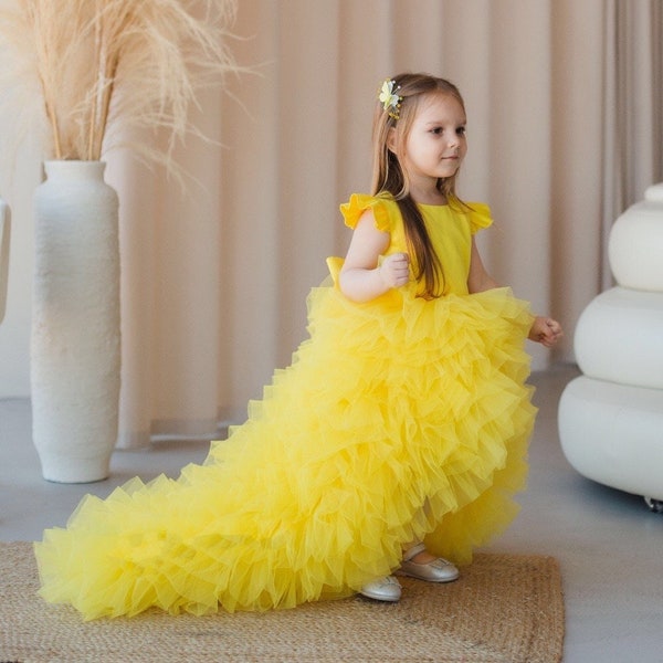 Ready To Ship, Yellow First Birthday Dress, Tutu Flower Girl Dress, Sweep Train, Size 1 Year, Hi Lo, Pageant, Special Occasion Girl Dress