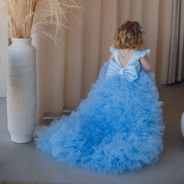 Long Train Baby Dress, Birthday Girl Dress, Blue Flower Girl Dress, Puffy Prom Ball Gown, Pageant Girl Dress, Special Occasion Baby Dress