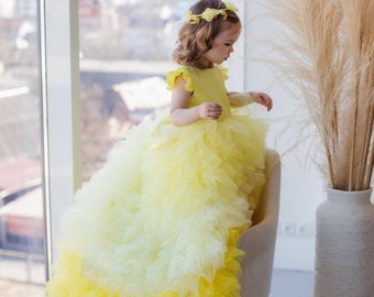 Gelbes Geburtstagskindkleid, Blumenmädchenkleid mit Schleifenzug, Tutu Abschlussball-Ballkleid, Ombre-Festzugskleid, Mädchenkleid für besondere Anlässe