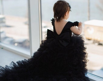 Schwarzes Tutu 1. Geburtstag Kleid, Abschlussballkleid, Blumenmädchenkleid mit Zug, mehrschichtiges Kleinkindkleid, besonderer Anlass Prinzessin Outfit