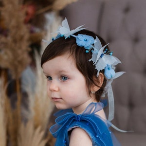 Blue Butterfly Grown, Flower Girl Headband, Floral First Birthday Crown, Prom, Party Hair Accessory, Butterfly Wedding Hair Ornament