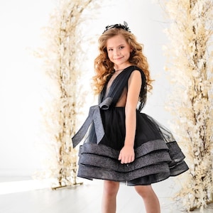 Vestido de cumpleaños negro para niña, vestido de tutú brillante, vestido de graduación, vestido de primer cumpleaños hasta la rodilla, vestido de princesa para niña pequeña