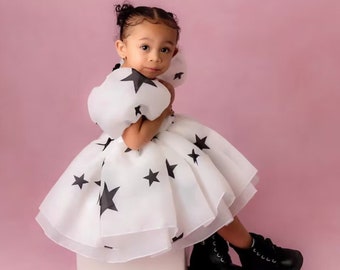 Black & White Dress, Birthday Girl Dress With Stars, Tutu Organza Dress, Special Occasion Dress, Prom Dress, First Birthday, Xmas Baby Dress