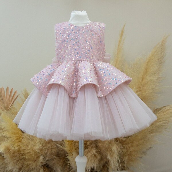 Light Pink Shinning Dress, Birthday Girl Dress, Pageant Toddler Knee Dress, Flower Girl Dress, Sparkling Prom Gown, Photoshoot Baby Dress