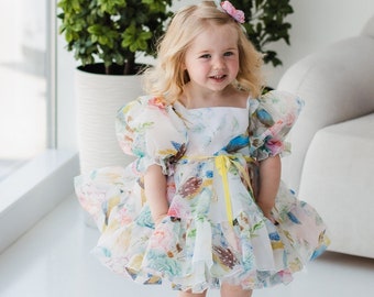 Floral & Bird Print Baby Dress, First Birthday Dress, Flower Girl Dress, Puffy Toddler Dress, Cake Smash, Special Occasion Infant Dress