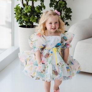 Floral Vogel Druck Baby Kleid, ersten Geburtstag Kleid, Blumenmädchen Kleid, geschwollene Kleinkind Kleid, Kuchen zerschlagen, Kleinkind Kleid für besondere Anlässe