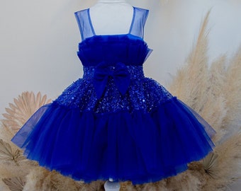 Royal Blue Sparkling Girl Dress, Birthday Party Kids Dress, Tutu Flower Girl, Graduation Sequin Knee Dress, Special Occasion Toddler Dress