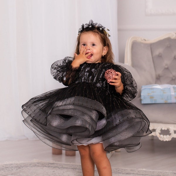Black Birthday Baby Girl Dress, Flower Girl Dress, Tutu Lace Dress, Long Sleeve, Prom, Photoshoot Gown, Toddler Special Occasion Dress