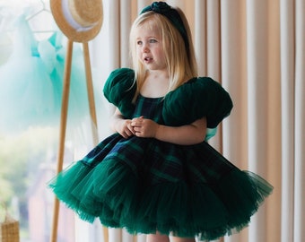 Green Baby Girl Christmas Dress, Plaid Xmas Photoshoot, Short Puffy Sleeve, Tutu Flannel & Tulle Girl Dress, Pageant Toddler Outfit