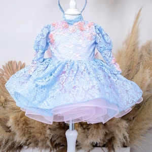 Blue First Birthday Dress, Lace Toddler Dress, Flower Girl Dress, Graduation Party Puffy Gown, Cake Smash, Photoshoot, Baptism, Formal Dress