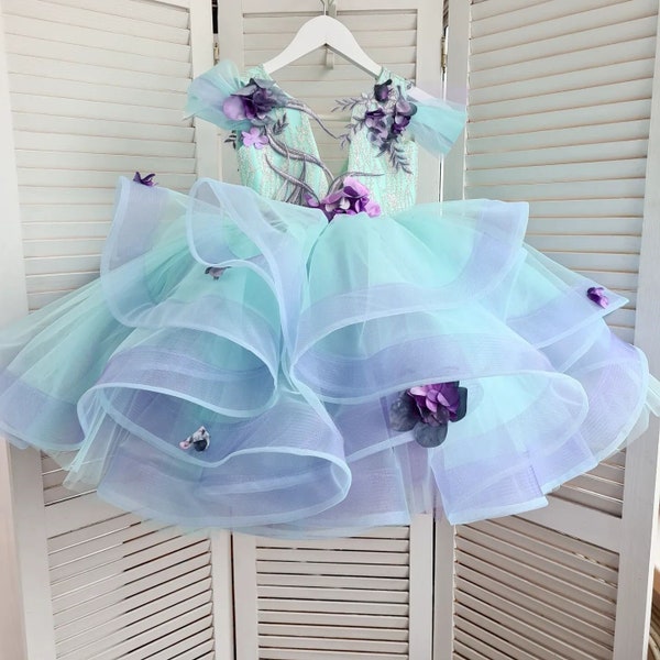 Floral Birthday Girl Dress, Tulle Flower Girl Dress, Tutu Knee Baby Dress, First Birthday Outfit, Special Occasion Dress, Prom Dress