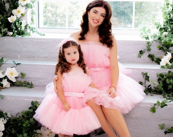 Conjunto a juego en color rosa ruborizado, vestidos de corsé para mamá y yo, vestido de cumpleaños, vestidos de tul con tutú para fiesta, vestido de invitada de boda, sesión de fotos familiar