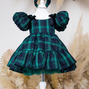 Ready To Ship Emerald Green Plaid Xmas Baby Dress, Christmas Festive Girl Outfit, Tutu Flannel Toddler Dress, Puffy Sleeve, Xmas Apparel