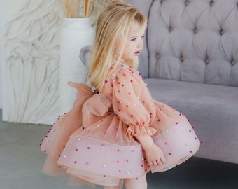 Caramel Birthday Baby & Girl Dress, Flower Girl, Long Sleeve, Beads, Photoshoot, Graduation, Tutu Special Occasion Toddler Outfit