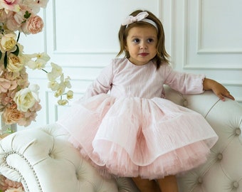 Blush Pink Birthday Dress, Flower Girl Dress, Tutu Sparkly Baby Girl Dress, Long Sleeve, Knee Length, Photoshoot, Cake Smash, Toddler Dress