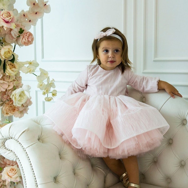 Robe d'anniversaire rose poudré, Robe de demoiselle d'honneur, Robe tutu scintillante pour bébé fille, Manches longues, Longueur genou, Séance photo, Gâteau cassé, Robe pour toute petite fille