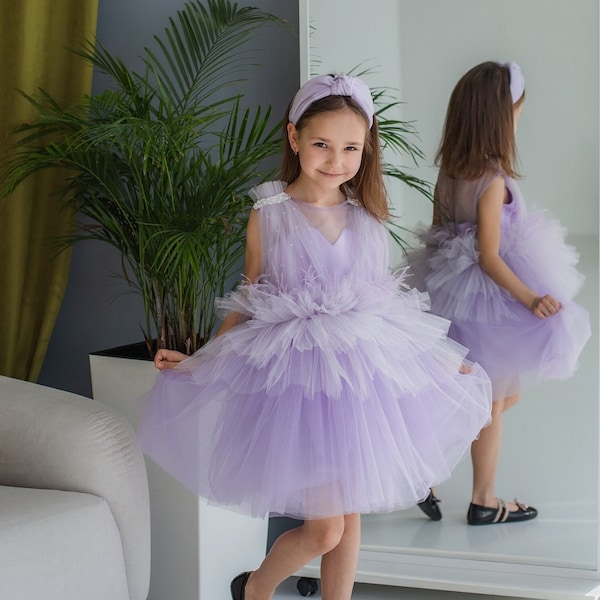 Lavender Birthday Party Dress, Tutu Flower Girl Dress, Pearls Prom Dress, Feathers Pageant Toddler Dress, Special Occasion Baby Dress
