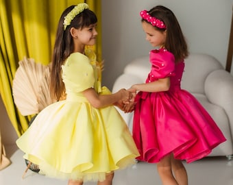 Pearls Party Birthday Girl Dress, Special Occasion Toddler Dress, Yellow, Raspberry, Flower Girl Dress, Prom Gown, Knee First Birthday Dress