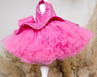 Hot Pink Baby Birthday Dress, Ready To Ship, Tutu Sparkling Flower Girl Dress, Size 12-18, Special Occasion Dress, Delivery From USA