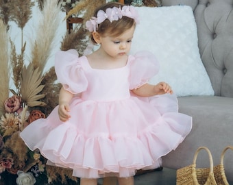 Pink First Birthday Dress, Flower Girl Dress, Puffy Tutu Toddler Dress, Prom Gown, Baptism Baby Dress, Cake Smash Kids Dress