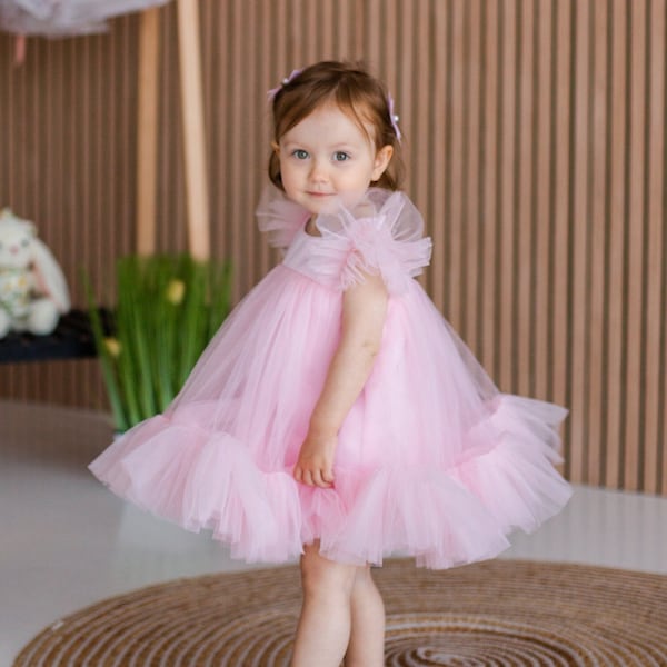 Pink Tutu Flower Girl Dress, Tulle Birthday Party Dress, Baptism Baby Dress, Toddler Puffy Dress, Prom, Photoshoot Kids, Cake Smash Gown