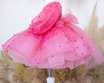 Beads Birthday Girl Dress, Hot Pink Baby Dress, Tutu Tulle, Flower Girl Dress, Long Sleeve, Graduation, Special Occasion, Toddler Outfit