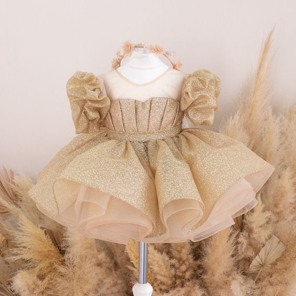 Gold Graduation & Flower Girl Puffy Gown, Birthday Party Toddler Dress, Tutu Photoshoot Baby Dress, Dance, Pageant, Special Occasion Outfit