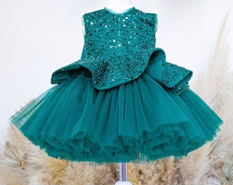 Emerald Green Xmas Baby Girl Dress, Photoshoot, Birthday Party, Sparkling Dress, Tutu Flower Girl, Prom Gown, Sequined Peplum Kids Dress