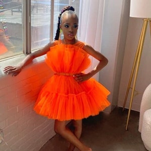 Bright orange birthday baby girl dress, short puffy tutu dress, first birthday dress, photoshoot dress, dance girl dress, princess dress