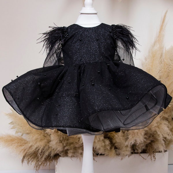 Black Glitter First Birthday Dress, Pearls Flower Girl Dress, Long Sleeve With Feathers, Tutu Prom Gown, Halloween Costume, Special Occasion