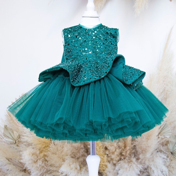 Emerald Green Xmas Baby Girl Dress, Photoshoot, Birthday Party, Sparkling Dress, Tutu Flower Girl, Prom Gown, Sequined Peplum Kids Dress